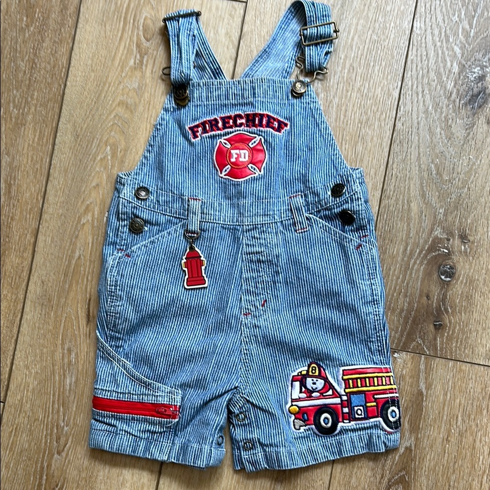 Fire Chief Denim Overalls Vintage Jean Shortalls 18 Months Y2K Dog Fire Hydrant